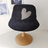 Women Bucket Hat Chessboard Grid Love Fisherman Sunshade