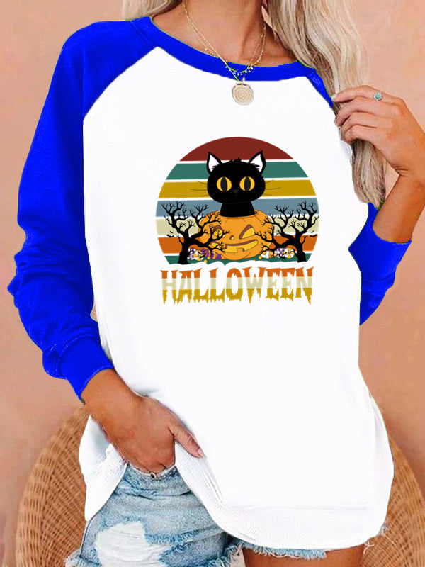 Halloween Costumes Halloween Pattern Printing Capless Round Neck Contrast Color Sweatshirt Female