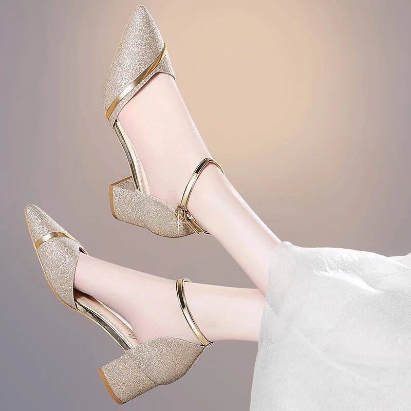 Low Heel Wedding Shoes Sandals Women's Chunky Heel Summer Bridesmaid High Heels Mid Heel