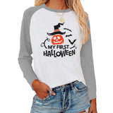 Halloween Costumes Halloween Pattern Printed Raglan Color Contrast Long Sleeve T-shirt Women