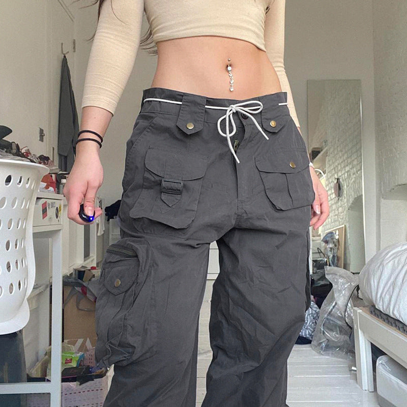 Julia Fox Low Rise Jeans Multi-Pocket Button Overalls Low Waist Hot Girl Wide Leg Jeans