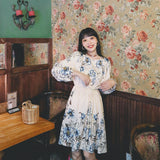 Coachella Music Festival Outfits Vintage Printed round Neck Long Sleeve Big Hem Dress