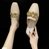 Finn Chain Pointed Toe Mule Shoes Slippers Women's Low Heel Flip-Flops Closed Toe Half Slippers