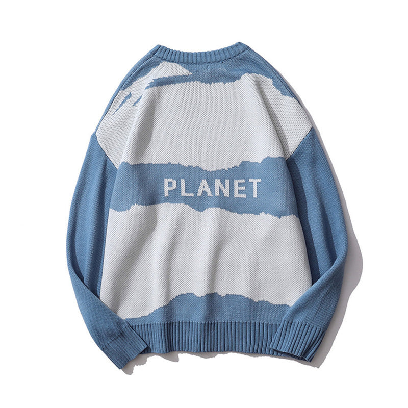 Men Sweater Cartoon Jacquard Crew Neck Sweater Men Loose Pullover