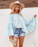 Coachella Music Festival Outfits Solid Color Bell Sleeve off-Neck Sexy Spring and Summer Fashion Loose T-shirt