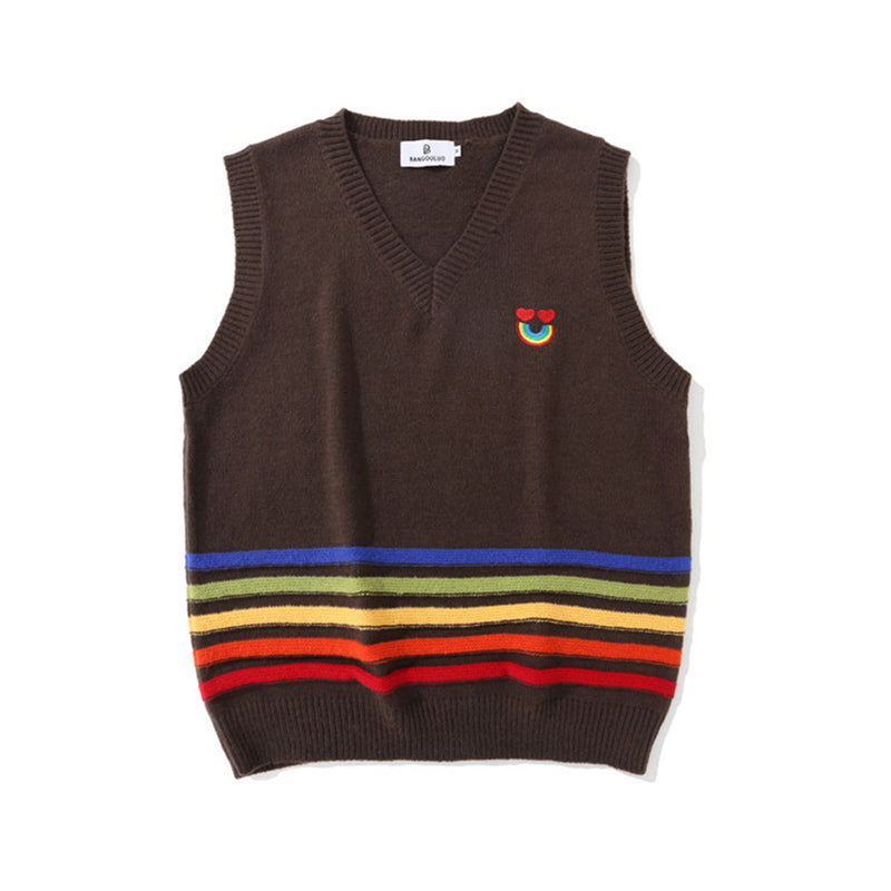Men Sweater Vintage Rainbow Striped Sweater Vest Men's Coat