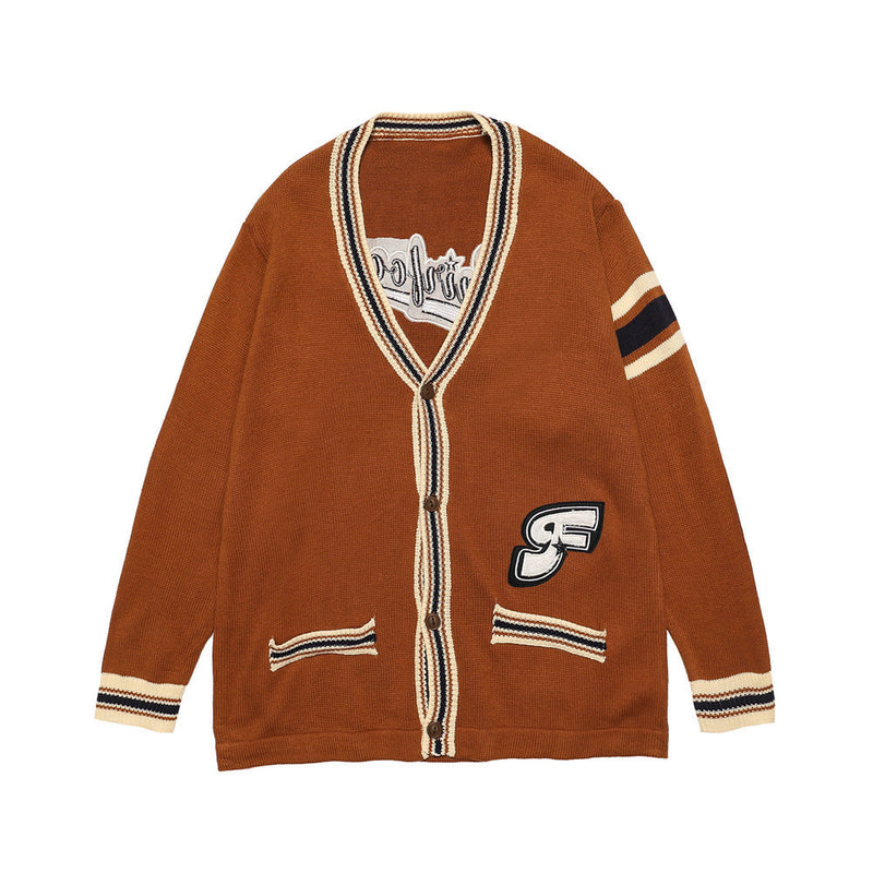 Men Sweater Vintage Color Matching Letters Embroidered Cardigan Sweater Men's Loose V-neck Sweater Coat
