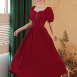 Coachella Music Festival Outfits Women's Retro Red Slim Slimming Short Sleeve Square Collar Dress