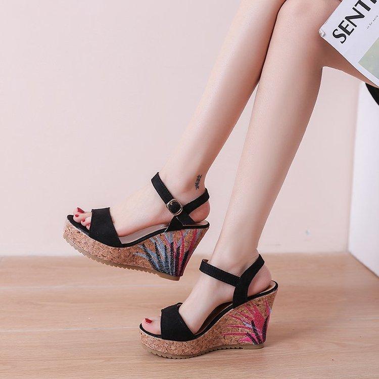 High Heels Slides Wedge Platform Embroidered Buckle Open Toe High Heel Sandals