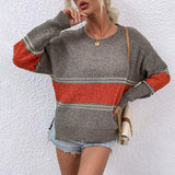Women Pullover Knit Sweater Autumn and Winter Contrast Color Striped Split Sweater