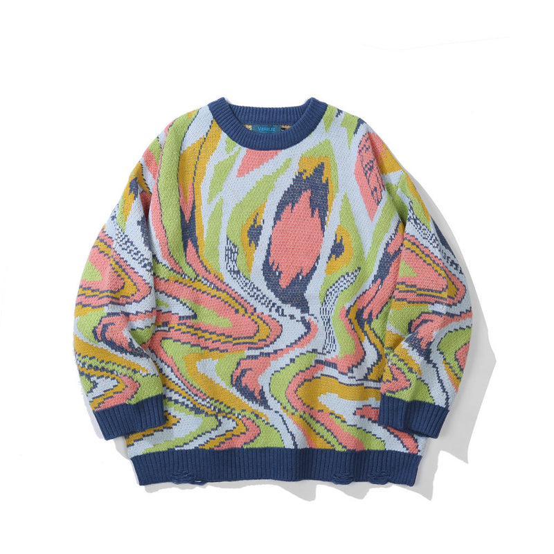 Men Sweater Abstract Contrasting Color Jacquard Sweater Men's Pullover