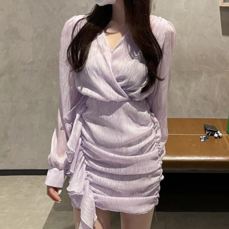 MIDI Mauve Wrap Dress Cross V-neck Ruffled Long Sleeve Dress Short Skirt