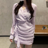 MIDI Mauve Wrap Dress Cross V-neck Ruffled Long Sleeve Dress Short Skirt