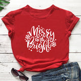 Merry and Bright Sweatshirts Christmas Merry and Bright Letter Printed round Neck Short Sleeve T-shirt