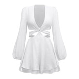Coachella Music Festival Outfits Fashion Solid Color Women's Clothing Hollow Sexy Deep V-neck Lantern Sleeves