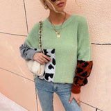 Women Pullover Knit Sweater Women's Clothing Autumn and Winter Contrast Color Leopard-Print Sweater Women
