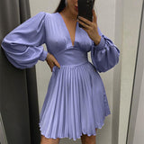 Emerald Green Dress Pleated Long Sleeve Satin Skirt A- Line V-neck High Waist Elegant