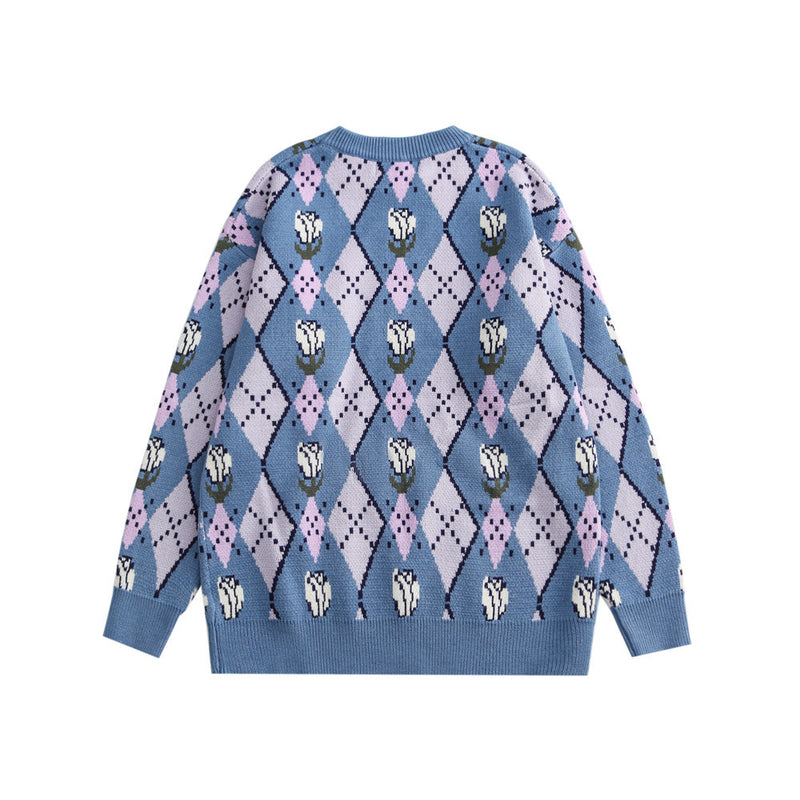 Men Sweater Rhombus Contrasting Color Jacquard Knitwear Men Loose round Neck Sweater