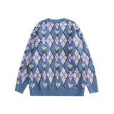 Men Sweater Rhombus Contrasting Color Jacquard Knitwear Men Loose round Neck Sweater