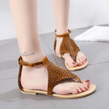 Women Open Toe Sandals Flats Summer Low-Top Sandals Round Toe Hollow-out Flat Shoes