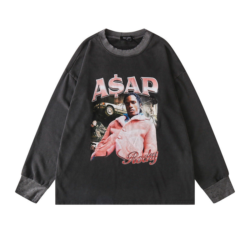 Man Fall Outfits Vintage Print Loose Long Sleeve Sweatershirt