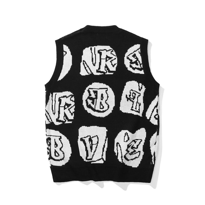 Men Sweater Contrast Color Letter Jacquard Sleeveless Sweater Vest Men's Outer Wear