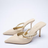 Nude Low Block Heel Chain Stiletto Heel