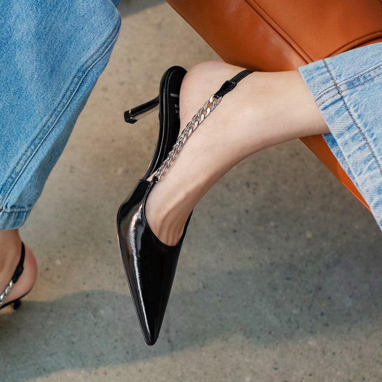 Nude Low Block Heel Pointed-Toe Metal Chain Stiletto Heel