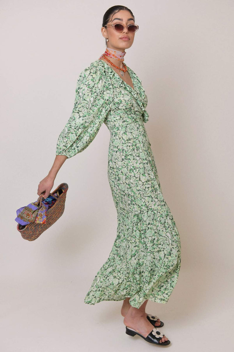 Kendall Jenner Wedding Guest Dress Ruffled V-neck Wrap Style Waist Slimming Floral