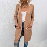 Women Cardigan Knit Sweater Autumn and Winter Mid-Length Solid Color Pocket Knitted Cardigan Jacket