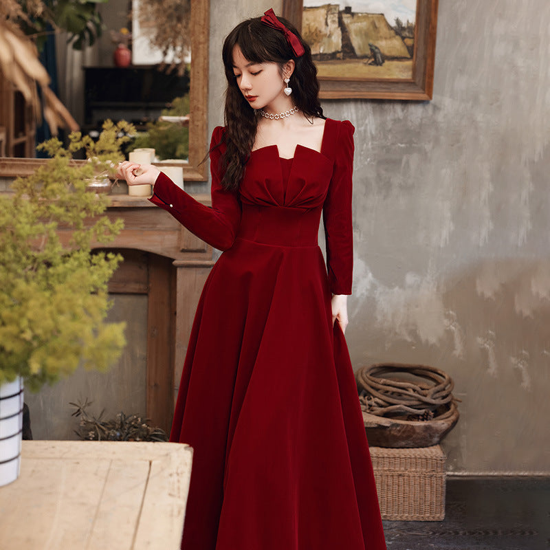 Long Sleeve Burgundy Dress Formal Burgundy Autumn Long Sleeve Square-Neck A- line Skirt