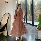 Gypsy Style Dresses V-neck Puff Sleeve Polka Dot Chiffon Pleated Pleated Dress