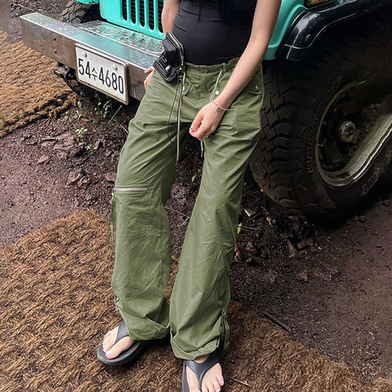 Julia Fox Low Rise Jeans Hot Girl Waist Drawstring Zipper Pocket Loose All-Match Casual Ankle-Tied Woven Retro Trousers