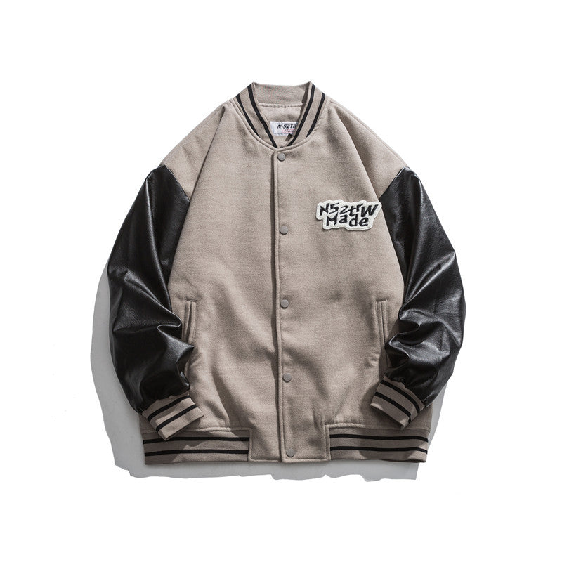 Man Fall Outfis Vintage Color Matching PU Leather Jacket Loose Casual Baseball Uniform