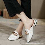 Finn Chain Pointed Toe Mule Closed Toe Sandals Women's Half Slippers Genuine Leather Mules Shoes