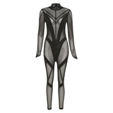 Fall Women's Clothing Sexy Mesh See-through Slim Fit Patchwork High Waist One-Piece Trousers