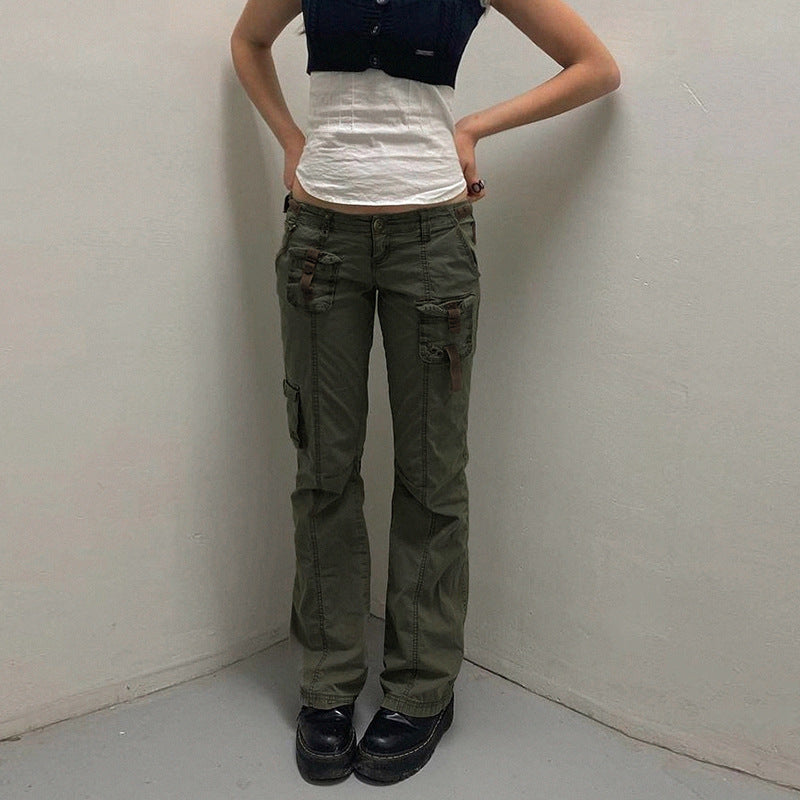 Julia Fox Low Rise Jeans Vintage Ribbon Zipper Pocket Overalls Low Waist Slimming Jeans