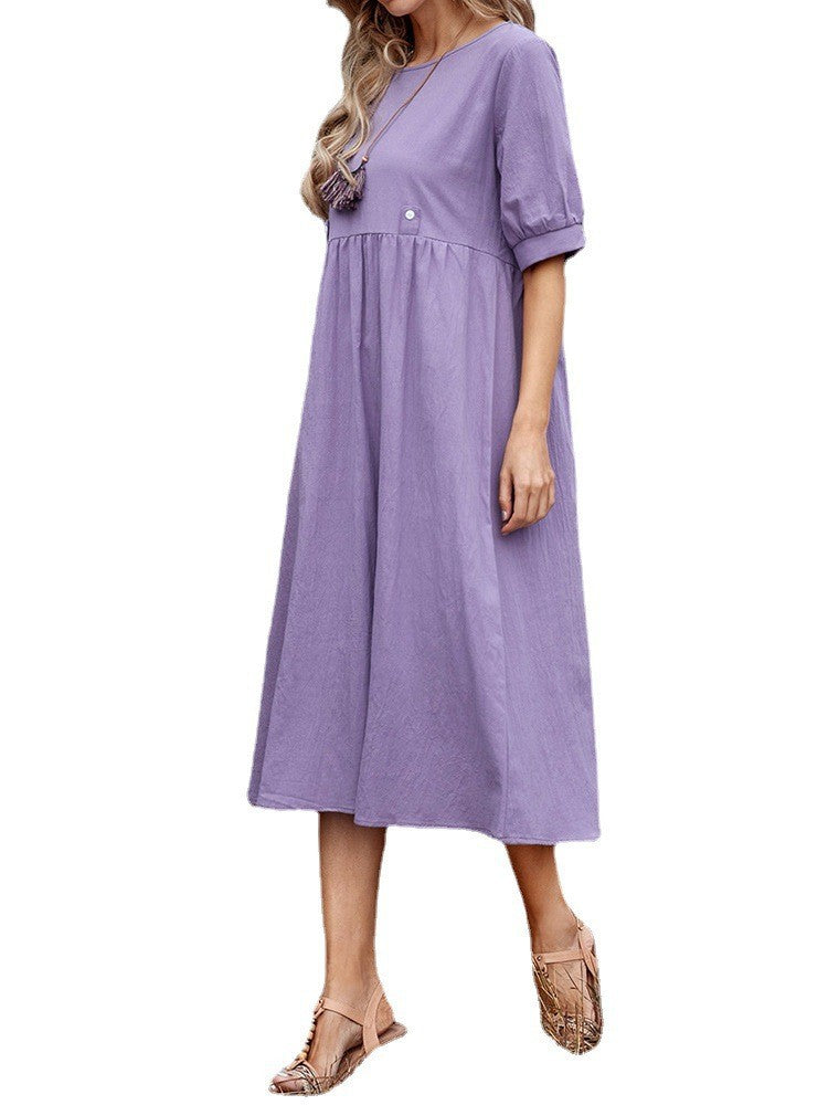 MIDI Mauve Cocktail Dress Pullover Solid Color Loose Cotton Hemp Dress