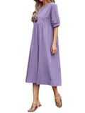 MIDI Mauve Cocktail Dress Pullover Solid Color Loose Cotton Hemp Dress