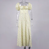 Kendall Jenner Wedding Guest Dress Floral Dress Slit One-Step Skirt Square Collar Puff Sleeve