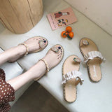 Women Open Toe Sandals Flats Pineapple Summer Pearl Rivets Flat Toe Ring Slippers