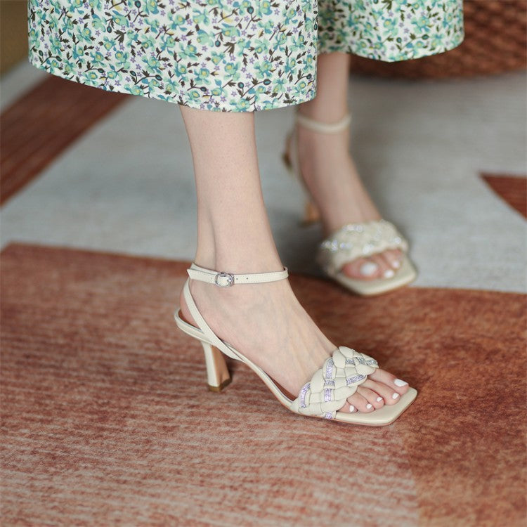 Low Heel Wedding Shoes Women's Leather Shoes Straw Open Toe High Heel Sandals