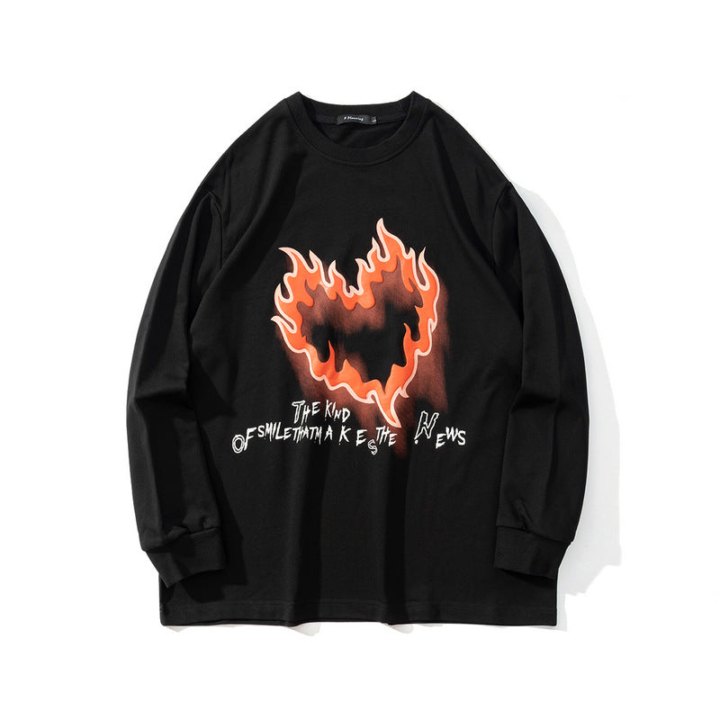 Man Fall Outfits Street Hip-Hop Love Flame Graffiti Thin Sweater Men 'S Fashion Brand Loose Couple Casual All-Matching Long T-shirt