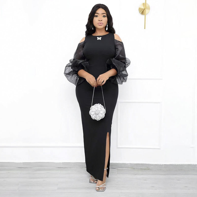 African Dashiki Dress Mesh See-through Lantern Sleeve Dress Black