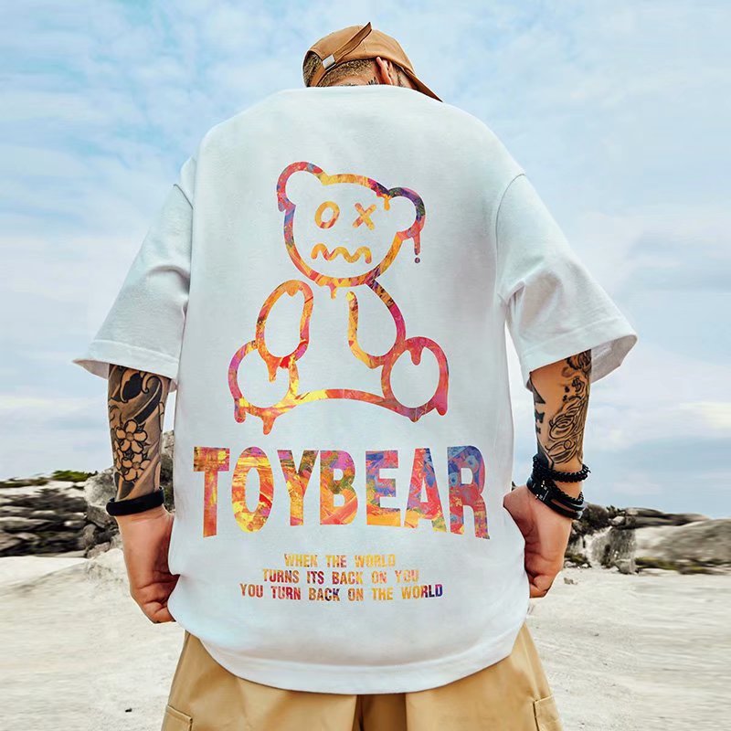 Men T-Shirts Bear Print Loose Half Sleeve