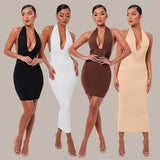 Maxi Burgundy Dress Formal Spring Women's Sexy Backless Halter V-neck Fashion Slim Dress