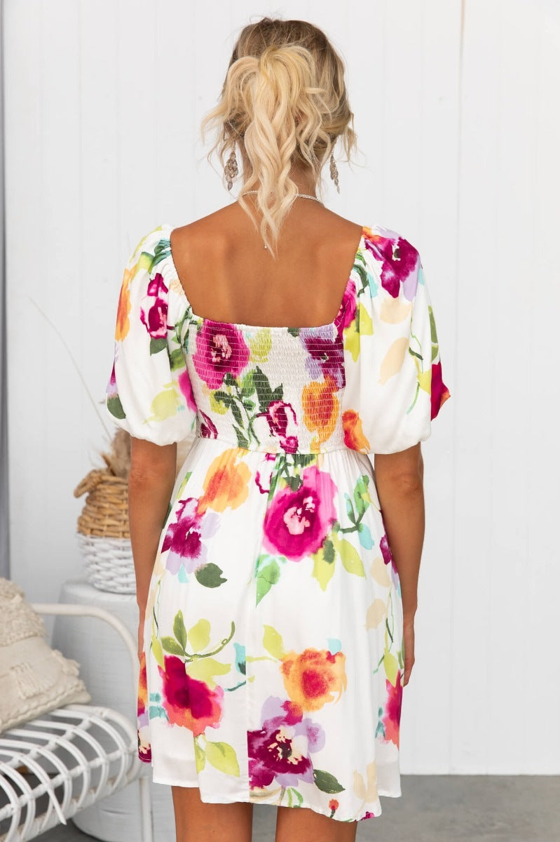 Nine Britton Dress Sweet Floral Printed Square Collar Puff Sleeve Waist-Controlled Large Hem