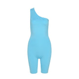 Summer women's sexy backless high waist tight solid color oblique shoulder casual sports one-piece shorts