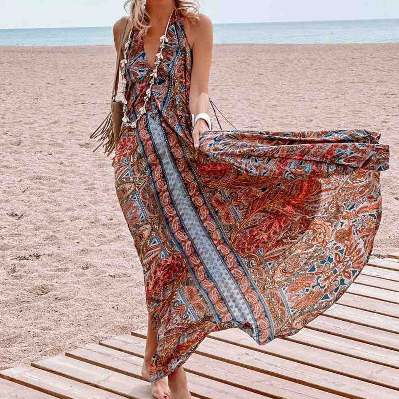 Gypsy Style Dresses Printed V-neck Halter Bohemian