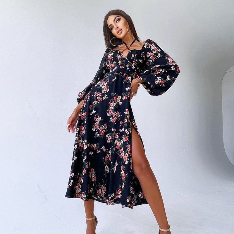 Kendall Jenner Wedding Guest Dress Lantern Long Sleeve Large Swing Skirt Loose Mid-Length High Waist Floral